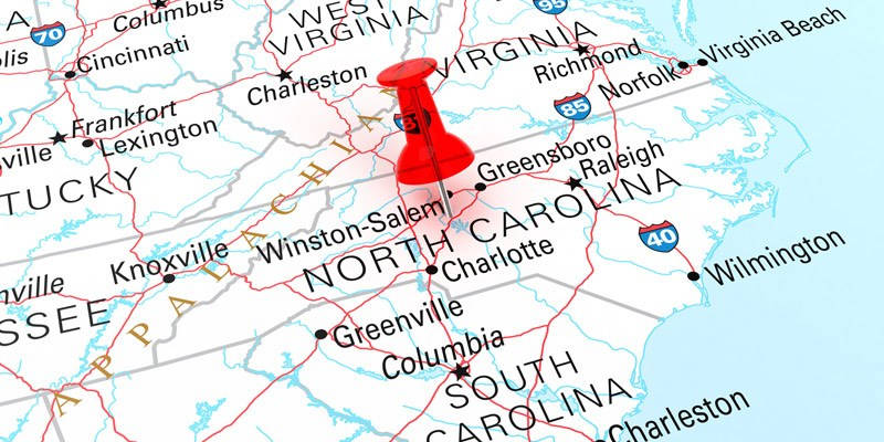A map pinpointing North Carolina's location.
