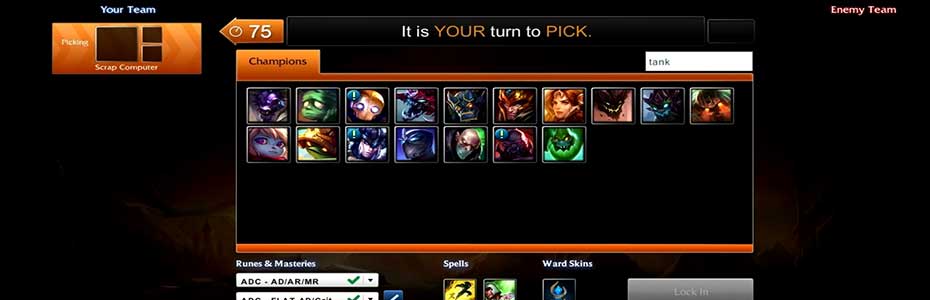 champion select screen for league of legends (LoL)